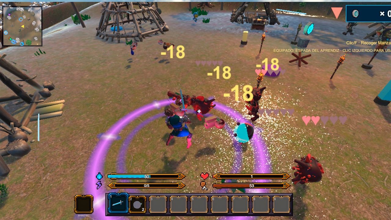 Combate contra varios bugs con números de daño y un círculo mágico