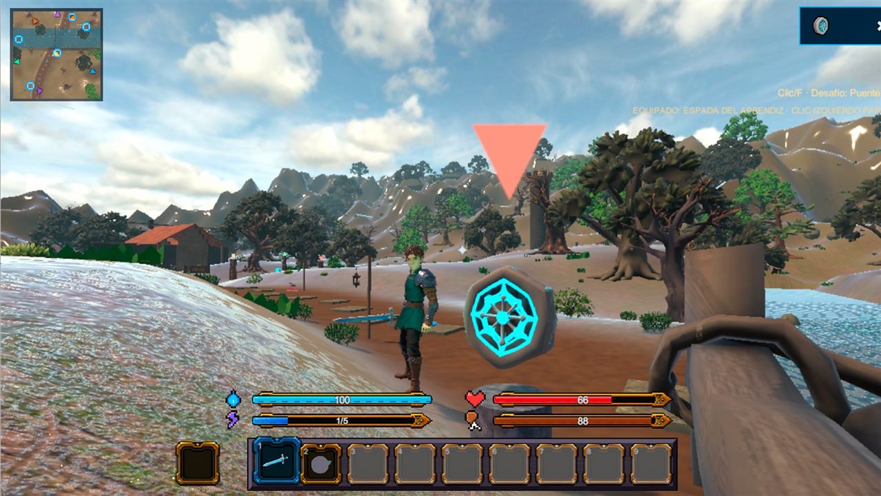 Kael explorando el mundo abierto junto a una estatua-runa de energía cian