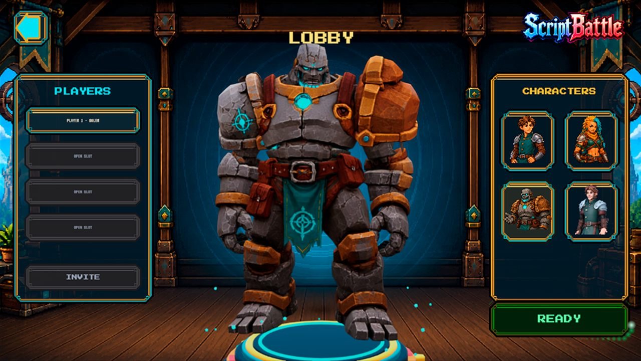 Pantalla de lobby con Íter el golem en el centro y los cuatro personajes a la derecha